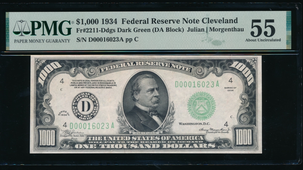 Fr. 2211-D 1934 $1,000  Federal Reserve Note Cleveland PMG 55 comment D00016023A