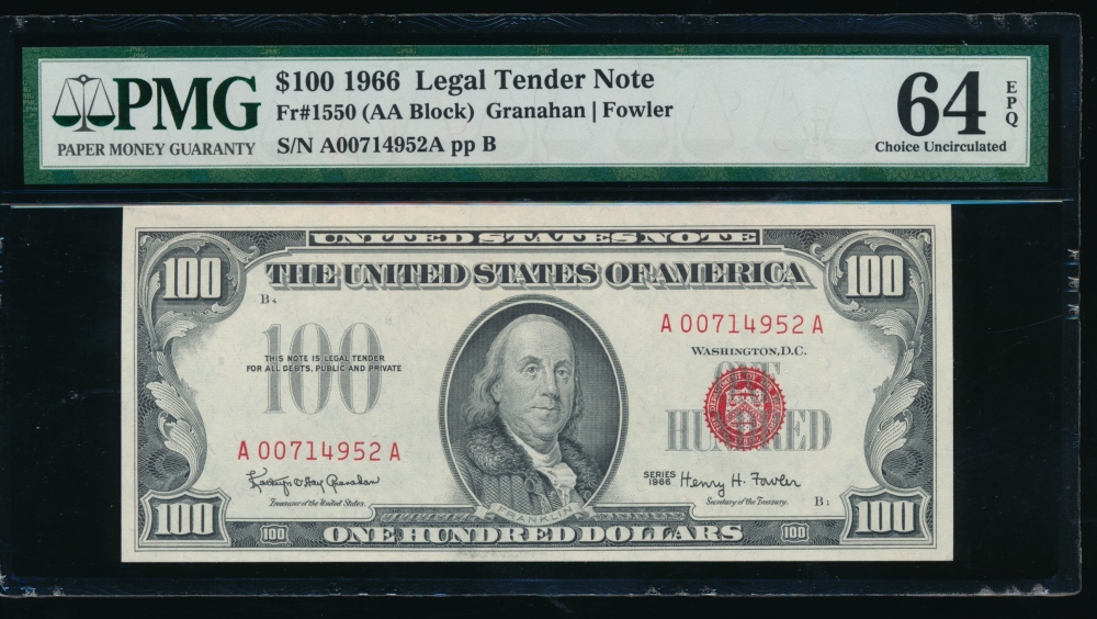 Fr. 1550 1966 $100  Legal Tender  PMG 64EPQ A00714952A