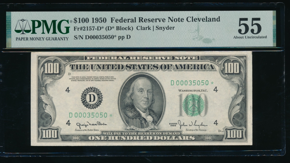 Fr. 2157-D 1950 $100  Federal Reserve Note Cleveland star PMG 55 D00035050*