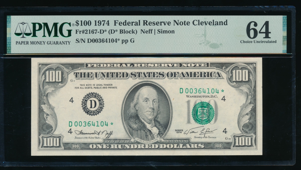 Fr. 2167-D 1974 $100  Federal Reserve Note Cleveland star PMG 64 D00364104*