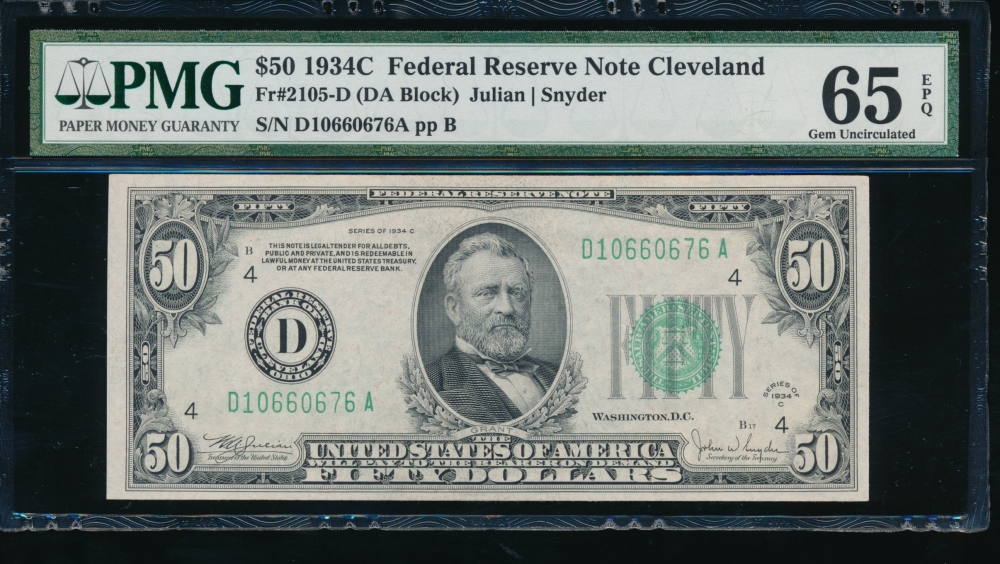 Fr. 2105-D 1934C $50  Federal Reserve Note Cleveland PMG 65EPQ D10660676A