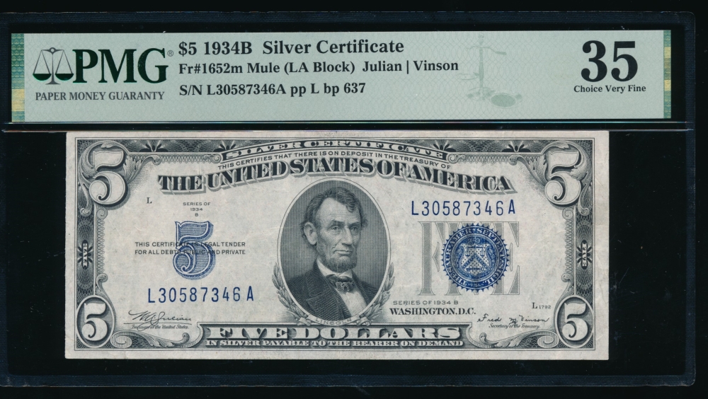 Fr. 1652 1934B $5  Silver Certificate LA block, mule PMG 35 L30587346A