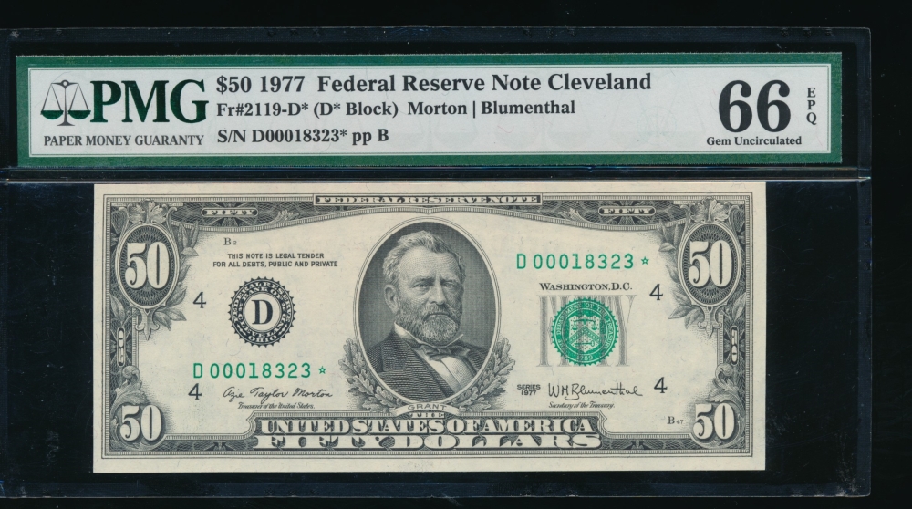 Fr. 2119-D 1977 $50  Federal Reserve Note Cleveland star PMG 66EPQ D00018323*