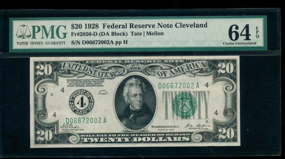 Fr. 2050-D 1928 $20  Federal Reserve Note Cleveland PMG 64EPQ D06672002A