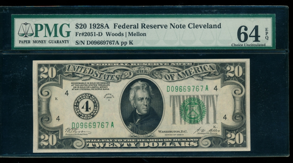 Fr. 2051-D 1928A $20  Federal Reserve Note Cleveland PMG 64EPQ D09669767A