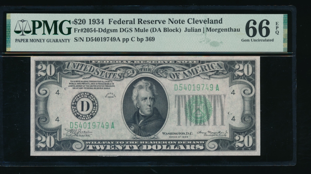 Fr. 2054-D 1934 $20  Federal Reserve Note Cleveland mule PMG 66EPQ D54019749A