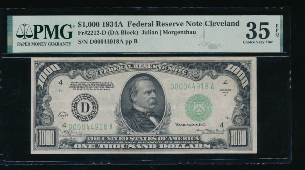 Fr. 2212-D 1934A $1,000  Federal Reserve Note Cleveland PMG 35EPQ D0044918A