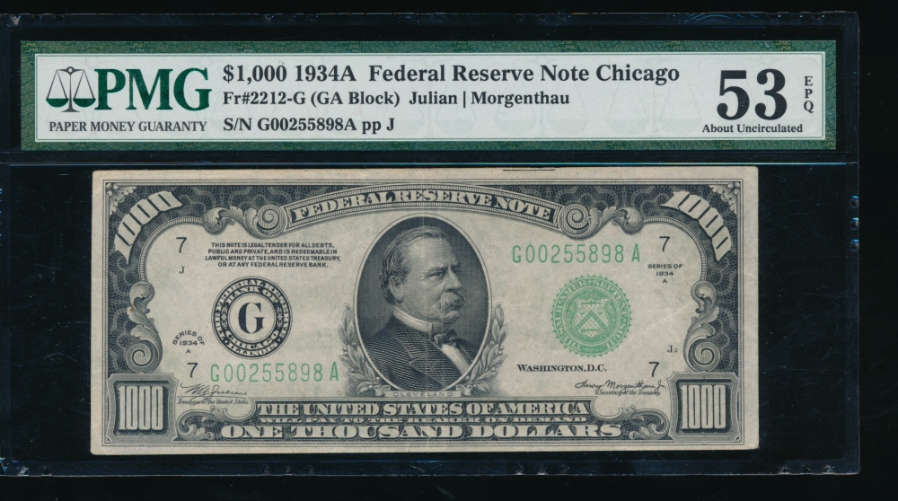 Fr. 2212-G 1934A $1,000  Federal Reserve Note Chicago PMG 53EPQ G00255898A