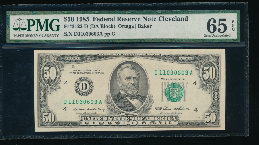 Fr. 2122-D 1985 $50  Federal Reserve Note Cleveland PMG 65EPQ D11030603A