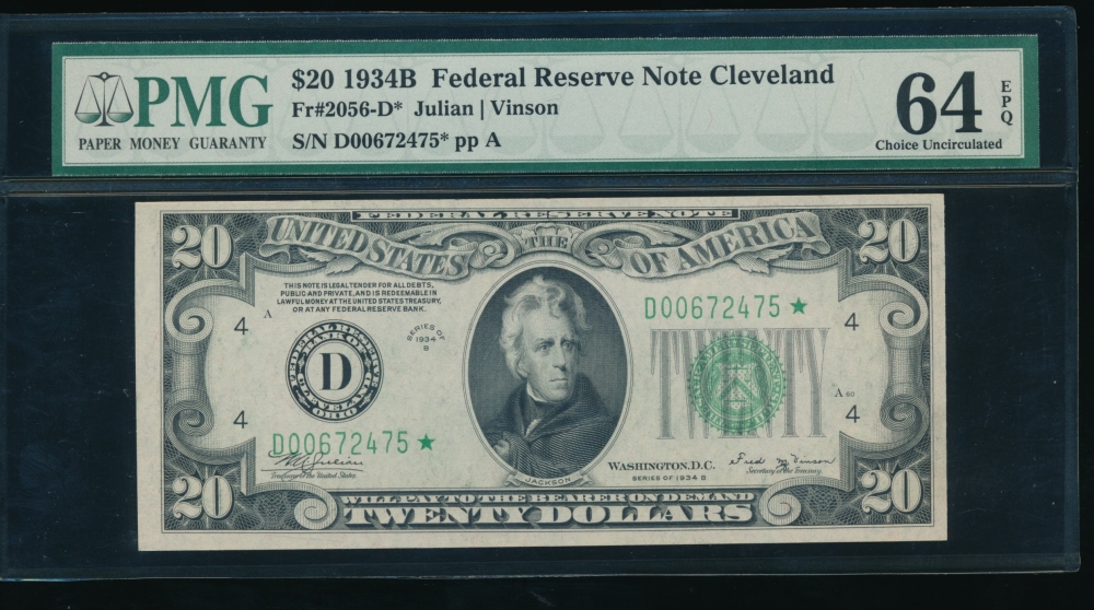 Fr. 2056-D 1934B $20  Federal Reserve Note Cleveland star PMG 64EPQ D00672475*