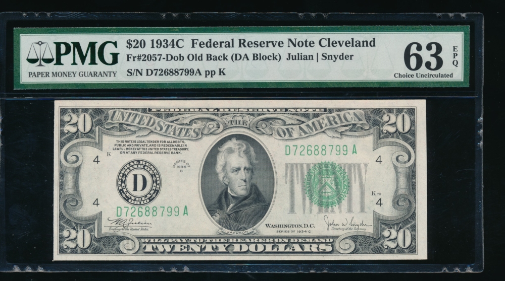 Fr. 2057-D 1934C $20  Federal Reserve Note Cleveland, old back PMG 63EPQ D72688799A