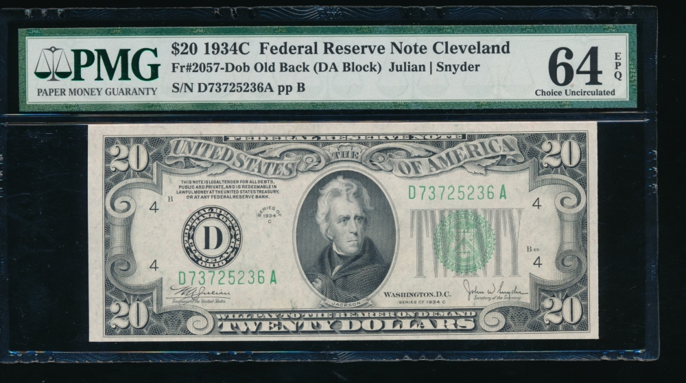 Fr. 2057-D 1934C $20  Federal Reserve Note Cleveland, old back PMG 64EPQ D73725236A