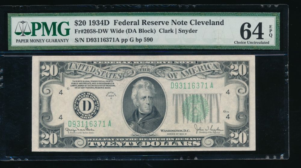 Fr. 2058-D 1934D $20  Federal Reserve Note Cleveland PMG 64EPQ D93116371A