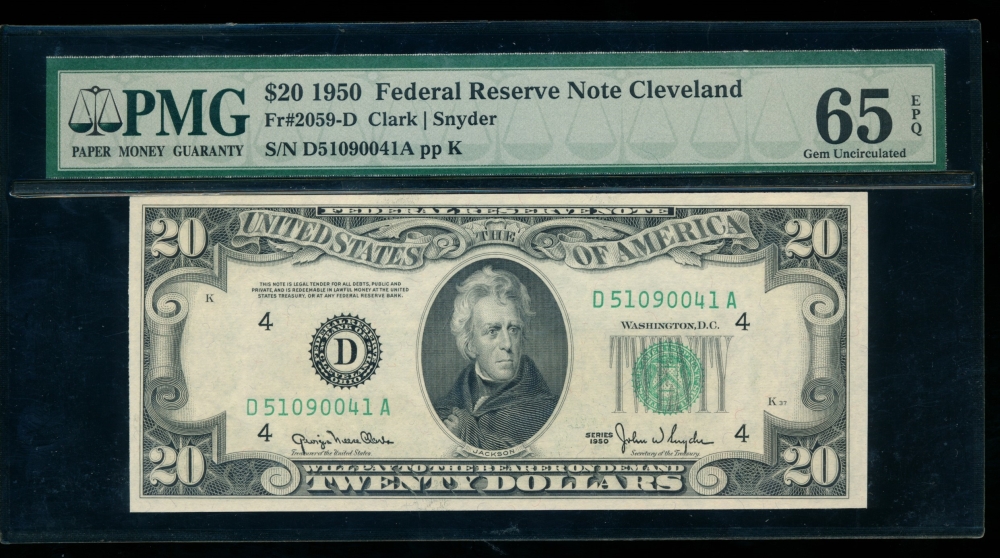 Fr. 2059-D 1950 $20  Federal Reserve Note Cleveland PMG 65EPQ D51090041A