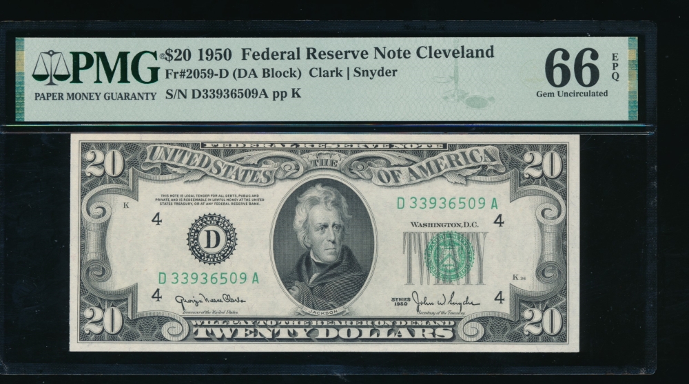 Fr. 2059-D 1950 $20  Federal Reserve Note Cleveland PMG 66EPQ D33936509A