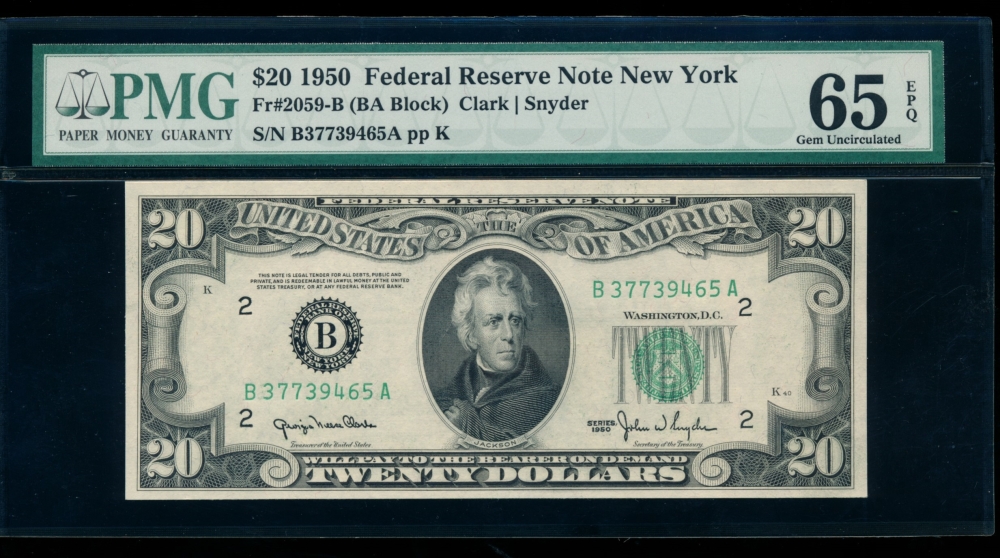 Fr. 2059-B 1950 $20  Federal Reserve Note New York PMG 65EPQ B37739465A