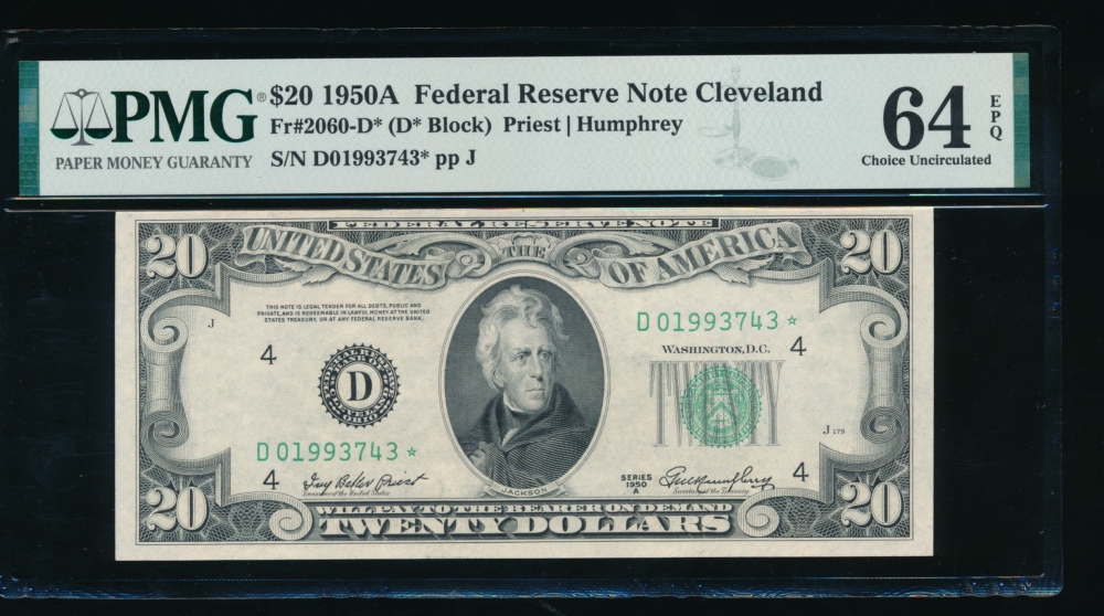 Fr. 2060-D 1950A $20  Federal Reserve Note Cleveland PMG 64EPQ D01993743*