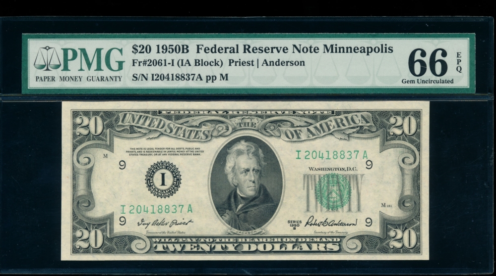 Fr. 2061-I 1950B $20  Federal Reserve Note Minneapolis PMG 66EPQ I20418837A