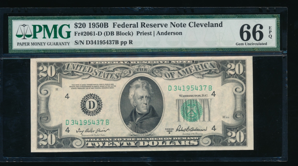 Fr. 2061-D 1950B $20  Federal Reserve Note Cleveland PMG 66EPQ D34195437B