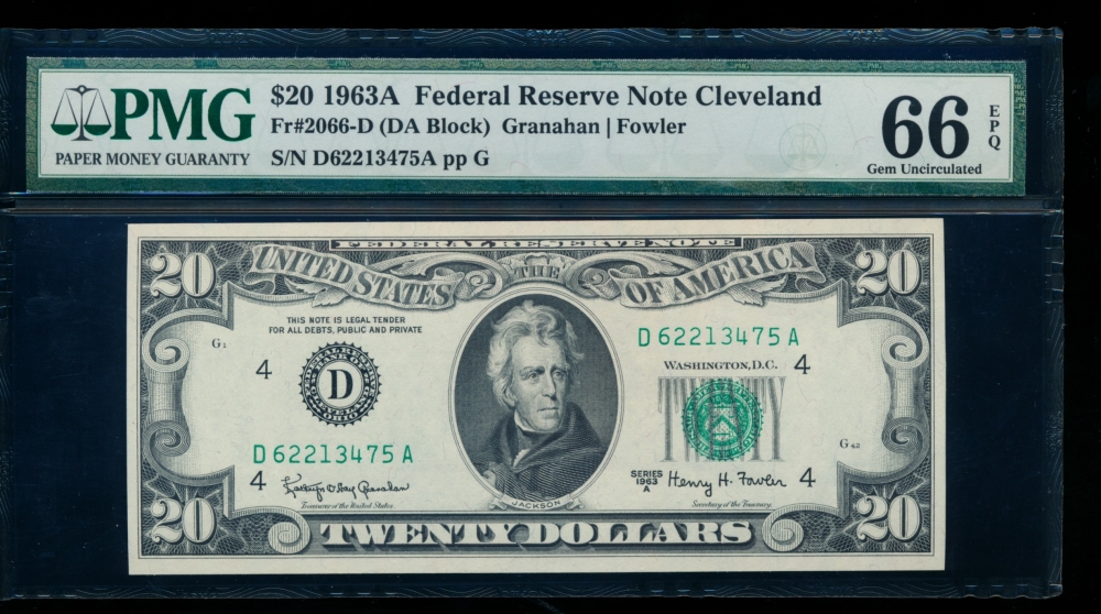 Fr. 2066-D 1963A $20  Federal Reserve Note Cleveland PMG 66EPQ D62213475A