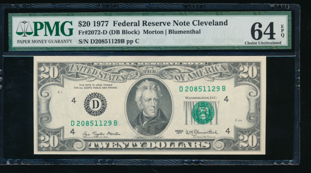 Fr. 2072-D 1977 $20  Federal Reserve Note Cleveland PMG 64EPQ D20851129B