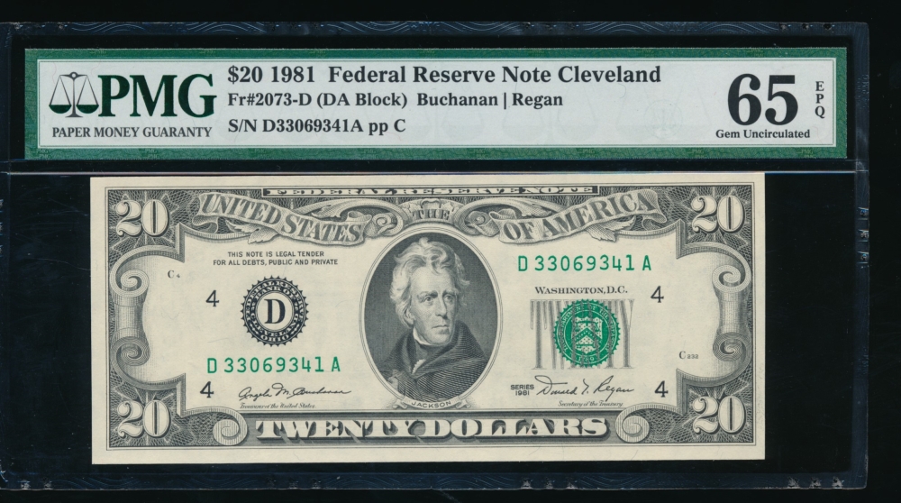 Fr. 2073-D 1981 $20  Federal Reserve Note Cleveland PMG 65EPQ D33069341A