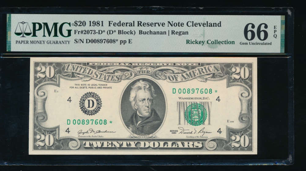 Fr. 2073-D 1981 $20  Federal Reserve Note Cleveland star PMG 66EPQ D00897608*