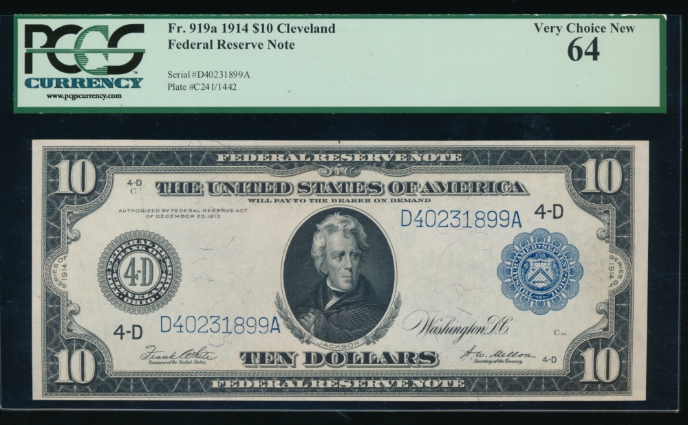 Fr. 919a 1914 $10  Federal Reserve Note Cleveland PCGS-C 64 D40231899A