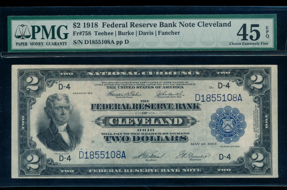 Fr. 758 1918 $2  FRBN Cleveland PMG 45EPQ D1855108A