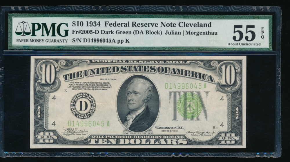 Fr. 2005-D 1934 $10  Federal Reserve Note Cleveland PMG 55EPQ D14996045A