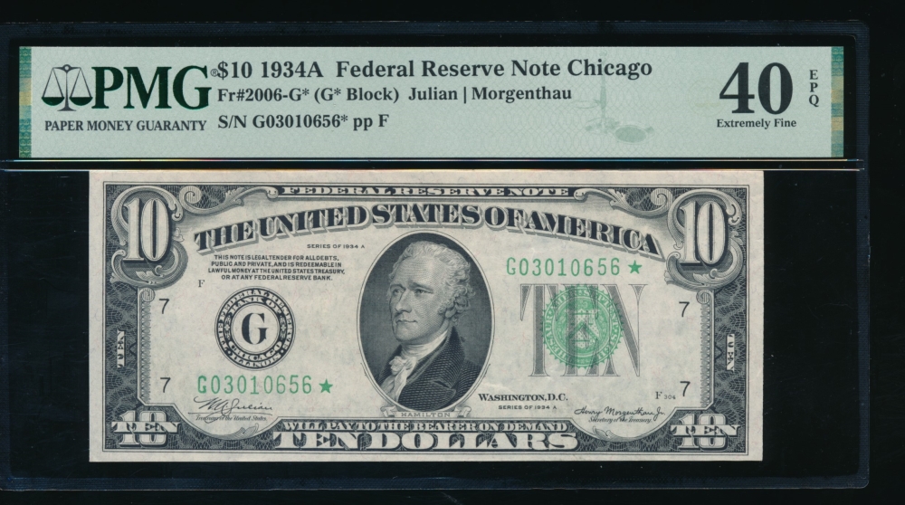 Fr. 2006-G 1934A $10  Federal Reserve Note Chicago star PMG 40EPQ G03010656*