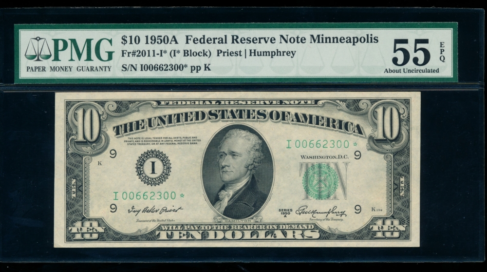 Fr. 2011-I 1950A $10  Federal Reserve Note Minneapolis star PMG 55EPQ I00662300*