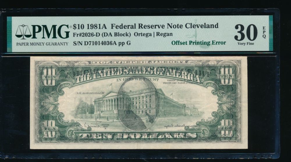 Fr. 2026-D 1981A $10  Federal Reserve Note Offset Printing error PMG 30EPQ D71014036A