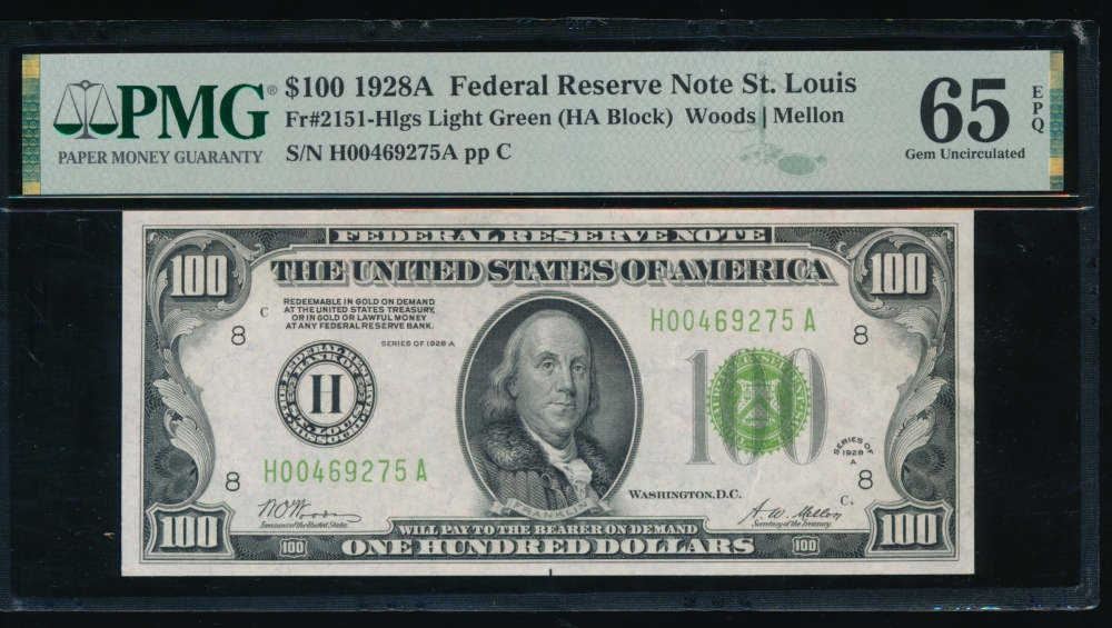 Fr. 2151-H 1928A $100  Federal Reserve Note Saint Louis LGS PMG 65EPQ H00469275A