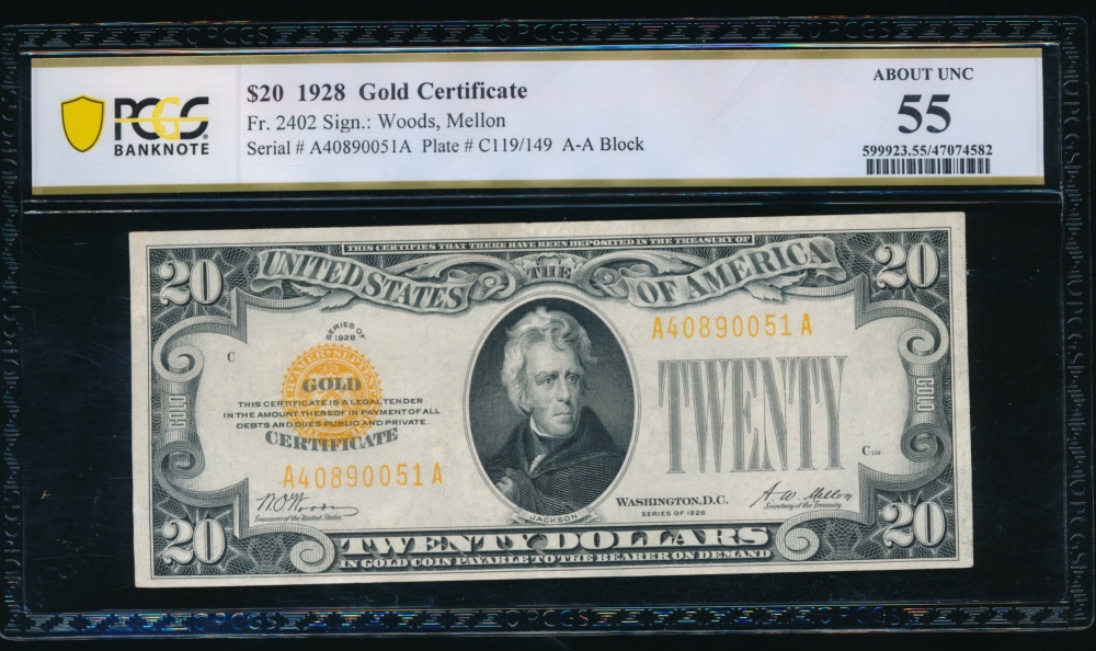 Fr. 2402 1928 $20  Gold Certificate  PCGS 55 A40890051A