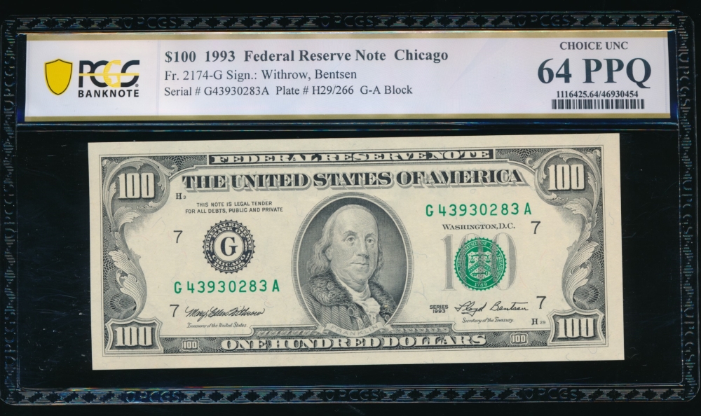 Fr. 2174-G 1993 $100  Federal Reserve Note Chicago PCGS 64PPQ G43930283A