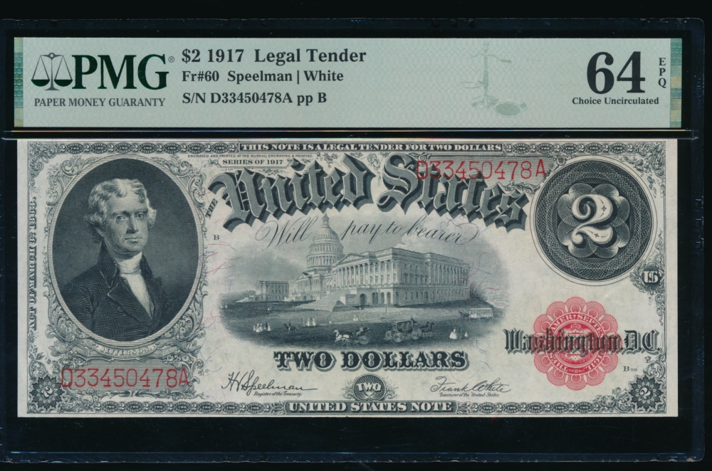 Fr. 60 1917 $2  Legal Tender  PMG 64EPQ D33450478A