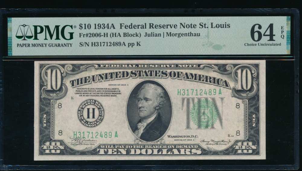 Fr. 2006-H 1934A $10  Federal Reserve Note Saint Louis PMG 64EPQ H31712489A