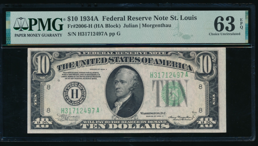 Fr. 2006-H 1934A $10  Federal Reserve Note Saint Louis PMG 63EPQ H31712497A