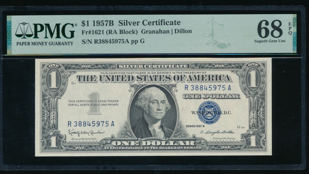 Fr. 1621 1957B $1  Silver Certificate RA block PMG 68EPQ R38845975A