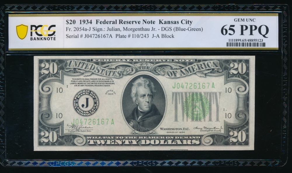 Fr. 2054-J 1934 $20  Federal Reserve Note Kansas City PCGS 65PPQ J04726167A