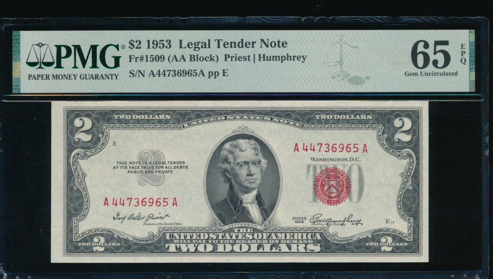 Fr. 1509 1953 $2  Legal Tender AA block PMG 65EPQ A44736965A