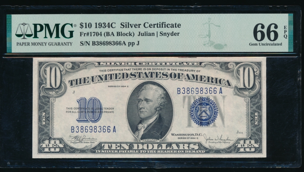 Fr. 1704 1934C $10  Silver Certificate BA block PMG 66EPQ B38698366A