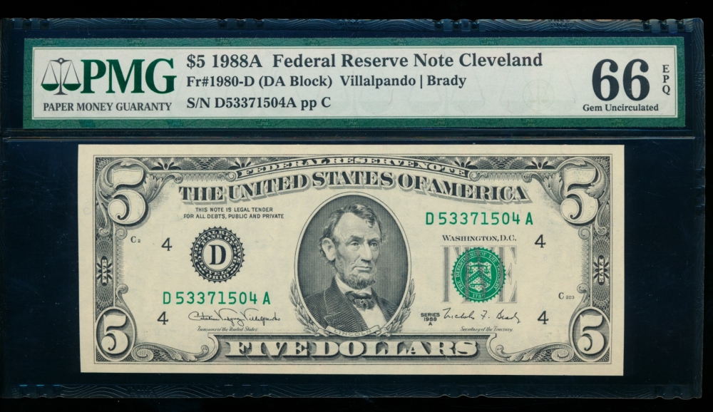 Fr. 1980-D 1988A $5  Federal Reserve Note Cleveland PMG 66EPQ D53371504A