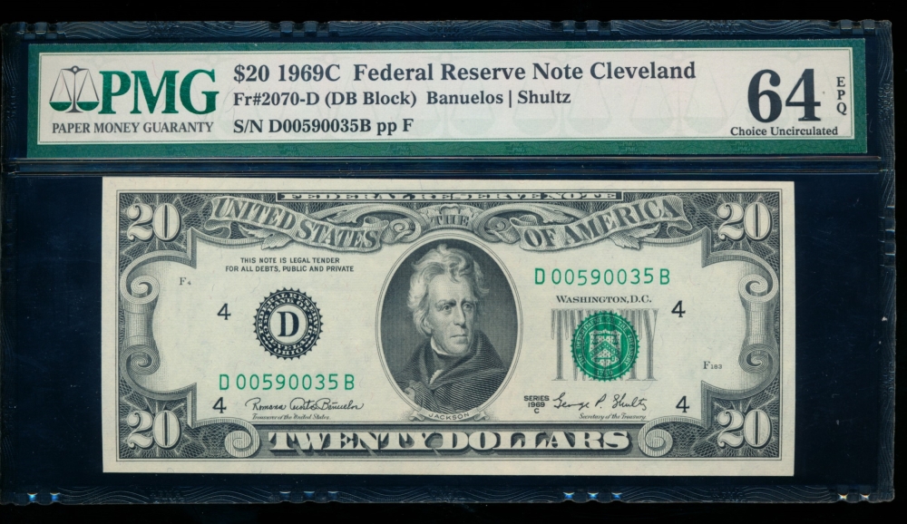 Fr. 2070-D 1969C $20  Federal Reserve Note Cleveland PMG 64EPQ D00590035B