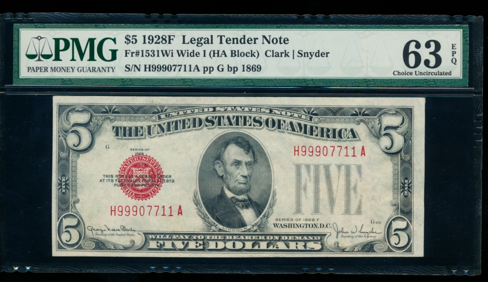 Fr. 1531 1928F $5  Legal Tender HA block, Wide I PMG 63EPQ H99907711A