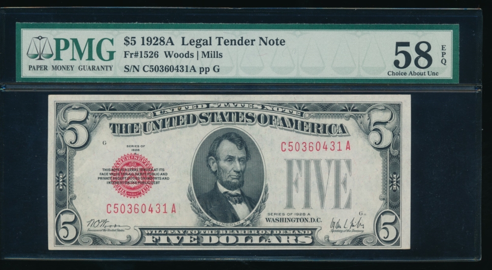 Fr. 1526 1928A $5  Legal Tender CA block PMG 58EPQ C50360431A