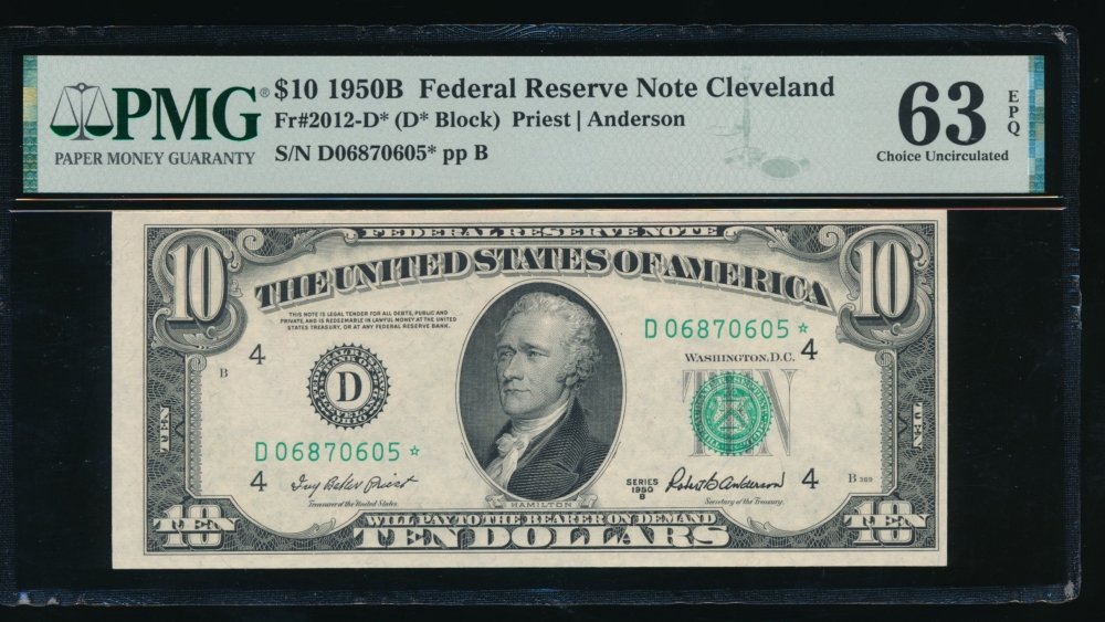 Fr. 2012-D 1950B $10  Federal Reserve Note Cleveland star PMG 63EPQ D06870605*