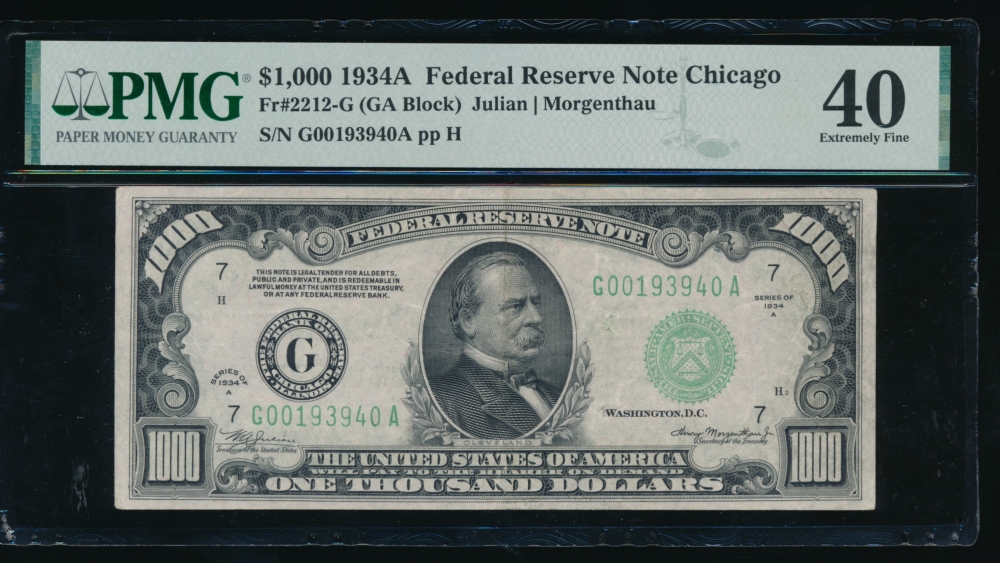 Fr. 2212-G 1934A $1,000  Federal Reserve Note Chicago PMG 40 comment G00193940A