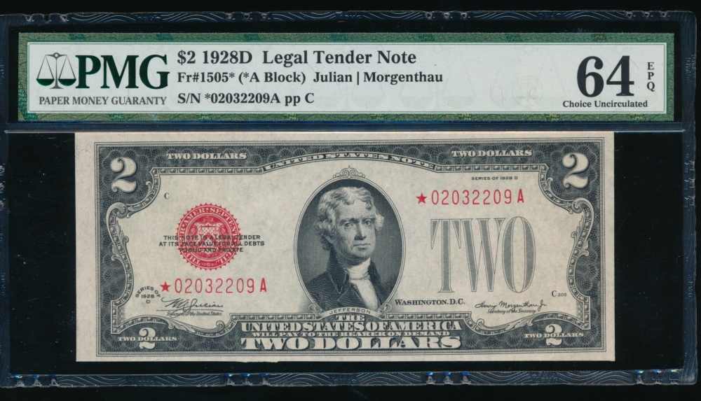 Fr. 1505 1928D $2  Legal Tender *A block PMG 64EPQ *02032209A